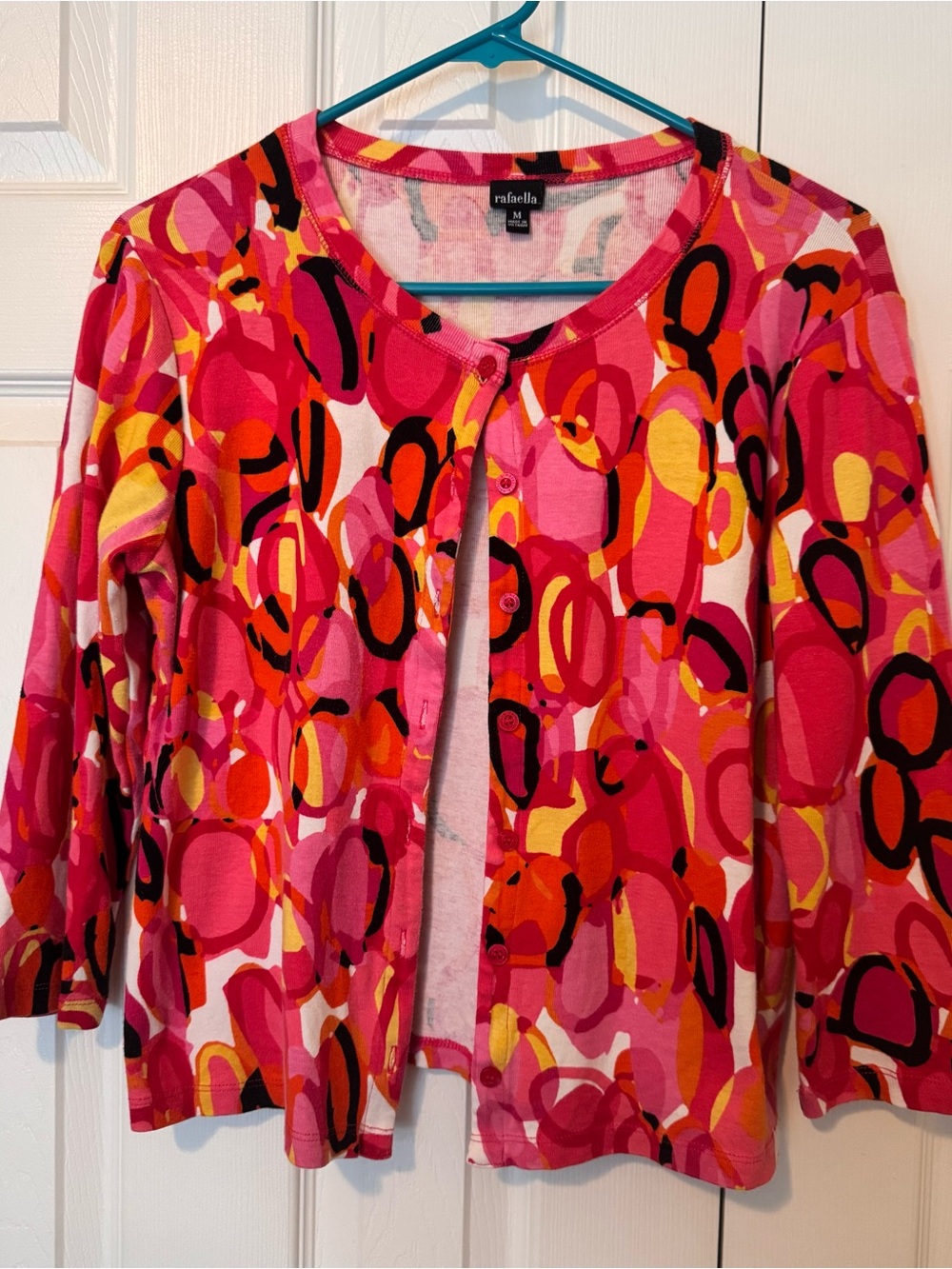 Rafaella Pink Multicolor Abstract Circle Print Cardigan